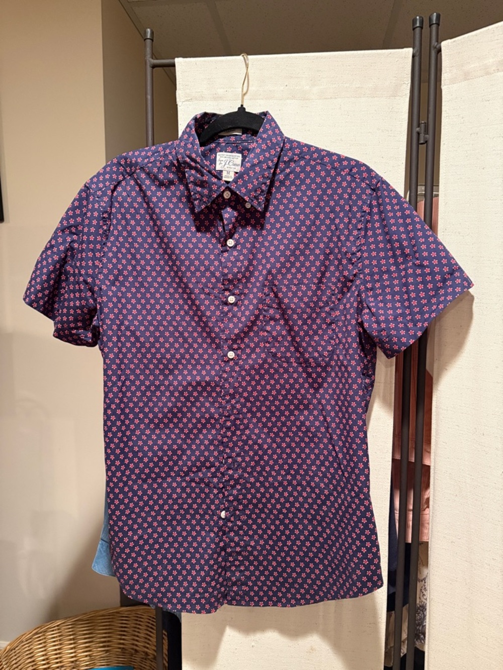 J. Crew Short-Sleeve Navy Button-Down with Pink Pattern